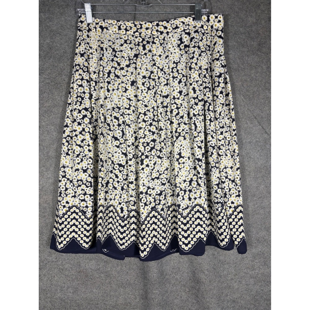 Talbots Womens Navy Blue Daisy Floral Pleated A-Line Skirt Scallop Hem Size 6